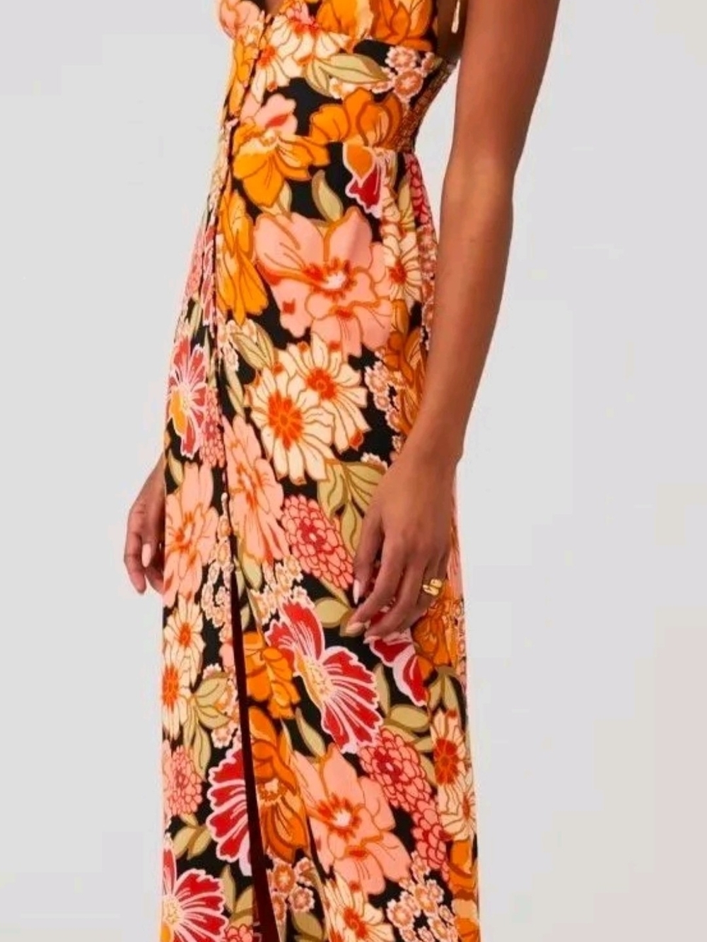 MINKPINK Black Floral Maxi Dress with Orange & Pink Blooms